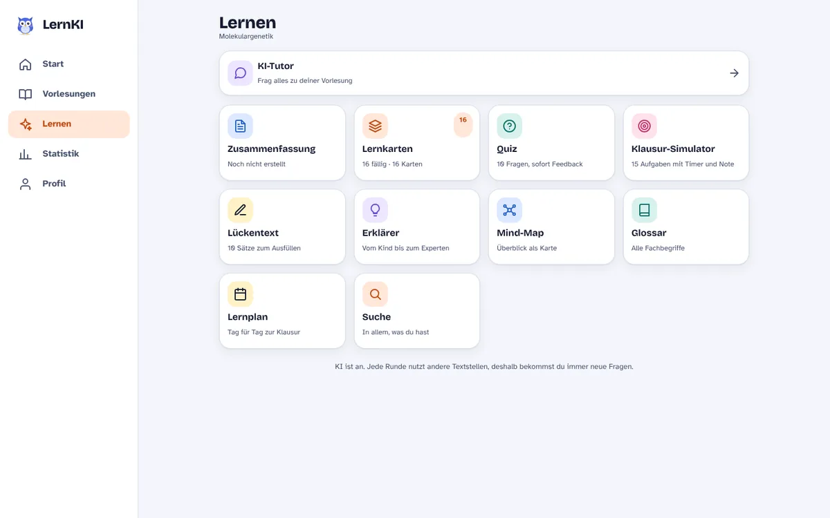 LernKI am Laptop: Übersicht mit Zusammenfassung, Lernkarten, Quiz, Klausur-Simulator und weiteren Lernmodi