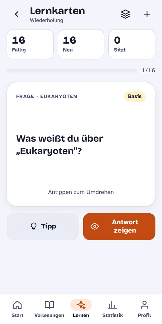 LernKI auf dem Handy: eine Lernkarte mit der Frage, was man unter Eukaryoten versteht